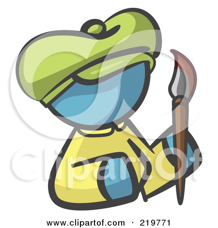Royalty-Free (RF) Clipart Illustration of a Denim Blue Woman Avatar Artist Holding A Paintbrush by Leo Blanchette