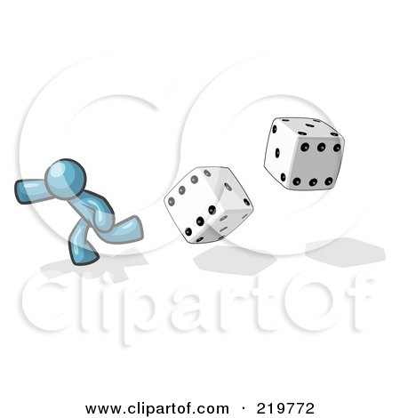 Royalty-Free (RF) Clipart Illustration of a Denim Blue Design Mascot Man Running From Dice by Leo Blanchette