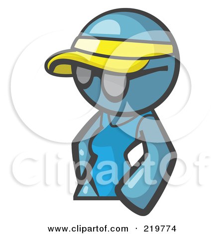 Royalty-Free (RF) Clipart Illustration of a Denim Blue Woman Avatar Wearing A Visor And Shades by Leo Blanchette