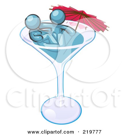Royalty-Free (RF) Clipart Illustration of a Denim Blue Design Mascot Couple Soaking In A Cocktail Glass With An Umbrella by Leo Blanchette