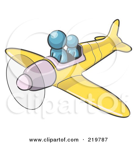 Royalty-Free (RF) Clipart Illustration of a Denim Blue Design Mascot Man Flying A Plane With A Passenger by Leo Blanchette