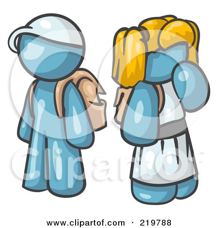 Royalty-Free (RF) Clipart Illustration of a Denim Blue School Boy And Girl With Backpacks by Leo Blanchette