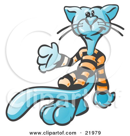 Clipart Picture Illustration of a Cool Blue Cat With A Long Tail, Wearing And Strutting His Orange And Black Striped Pajamas by Leo Blanchette
