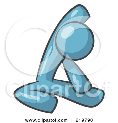 Royalty-Free (RF) Clipart Illustration of a Denim Blue Man Sitting On A Gym Floor And Stretching His Arm Up And Behind His Head by Leo Blanchette