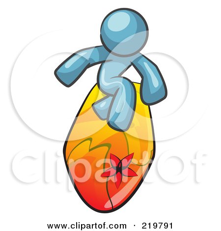 Royalty-Free (RF) Clipart Illustration of a Denim Blue Design Mascot Man Surfing On A Board by Leo Blanchette