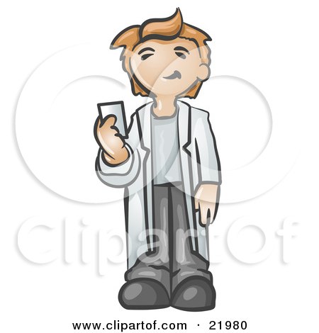 Clipart Picture Illustration of a Blond Caucasian Doctor, Scientist Or Veterinarian Man Weaing A Lab Coat, Standing And Holding A Business Card by Leo Blanchette