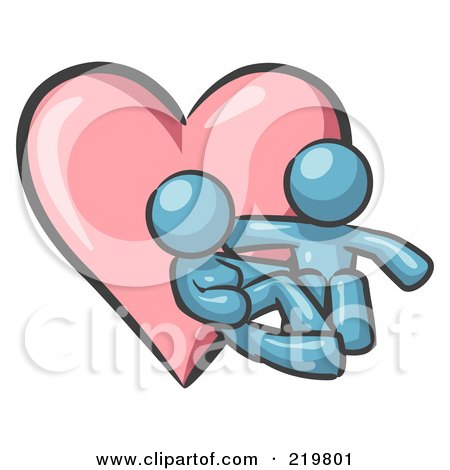 Royalty-Free (RF) Clipart Illustration of a Denim Blue Design Mascot Couple Embracing In Front Of A Heart by Leo Blanchette