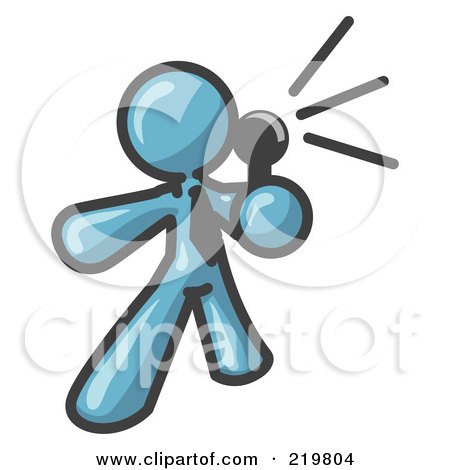 Royalty-Free (RF) Clipart Illustration of a Denim Blue Man, A Comedian Or Vocalist, Wearing A Tie, Standing On Stage And Holding A Microphone While Singing Karaoke Or Telling Jokes Clipart Illustration by Leo Blanchette