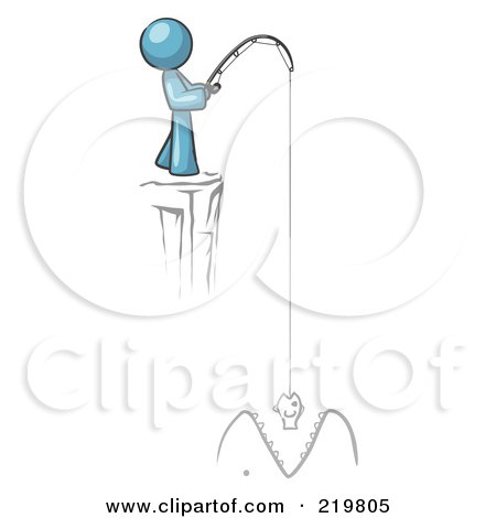 Royalty-Free (RF) Clipart Illustration of a Denim Blue Design Mascot Man Fishing On A Cliff by Leo Blanchette