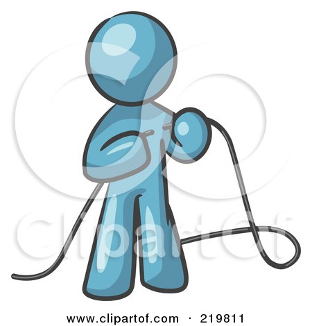 Royalty-Free (RF) Clipart Illustration of a Denim Blue Design Mascot Man Tying Loose Ends Of Cables by Leo Blanchette