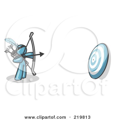 Royalty-Free (RF) Clipart Illustration of a Denim Blue Man Aiming a Bow and Arrow at a Target During Archery Practice by Leo Blanchette