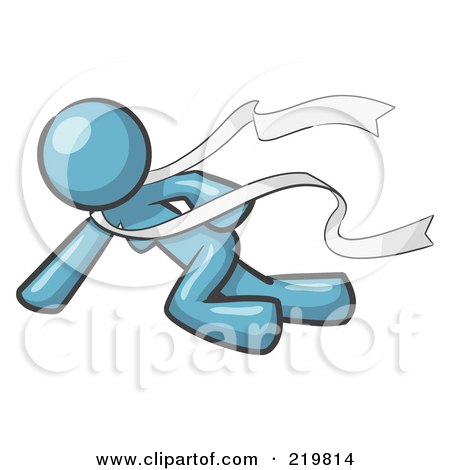 Royalty-Free (RF) Clipart Illustration of a Denim Blue Design Mascot Woman Finishing First In A Race by Leo Blanchette