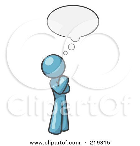 Royalty-Free (RF) Clipart Illustration of a Denim Blue Design Mascot Man In Thought With A Bubble by Leo Blanchette