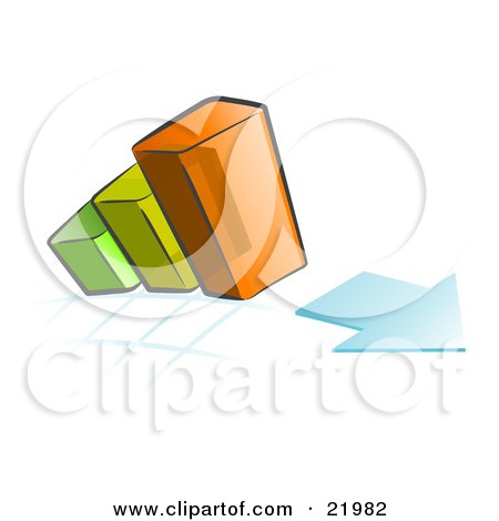 Clipart Picture Illustration of a Green, Yellow And Orange Bar Graph Increasing On A Blue And White Grid With An Arrow by Leo Blanchette