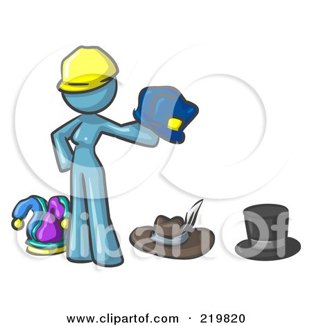 Royalty-Free (RF) Clipart Illustration of a Denim Blue Design Mascot Woman With Many Hats by Leo Blanchette