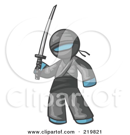 Royalty-Free (RF) Clipart Illustration of a Denim Blue Man Ninja Holding A Sword by Leo Blanchette