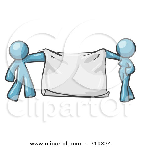 Royalty-Free (RF) Clipart Illustration of a Denim Blue Design Mascot Man And Woman Holding A Blank Banner by Leo Blanchette