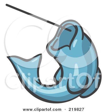 Royalty-Free (RF) Clipart Illustration of a Denim Blue Fish Jumping Up And Biting A Hook On A Fishing Line by Leo Blanchette