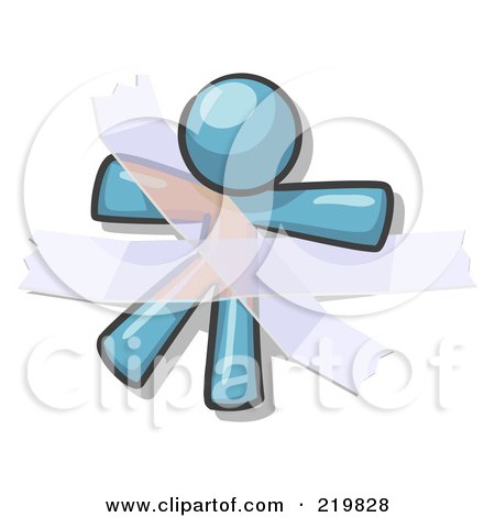 Royalty-Free (RF) Clipart Illustration of a Denim Blue Design Mascot Man Restrained With Tape by Leo Blanchette