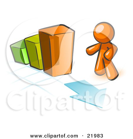 Clipart Picture Illustration of an Orange Man Standing By An Increasing Green, Yellow And Orange Bar Graph On A Grid Background With An Arrow by Leo Blanchette