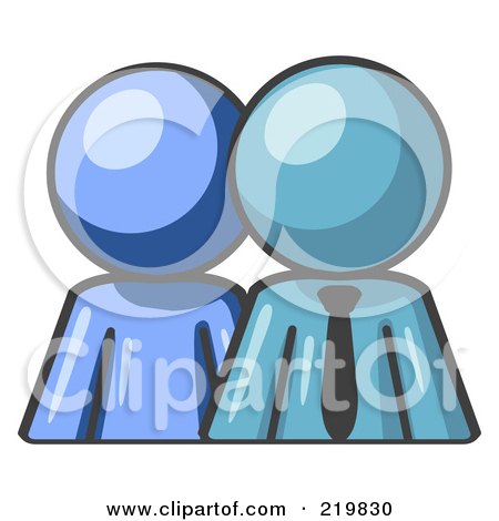 Royalty-Free (RF) Clipart Illustration of a Blue Person Standing Beside A Denim Blue Businessman, Symbolizing Teamwork Or Mentoring by Leo Blanchette