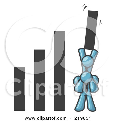 Royalty-Free (RF) Clipart Illustration of a Denim Blue Man on Another Man's Shoulders, Holding up a Bar in a Graph by Leo Blanchette
