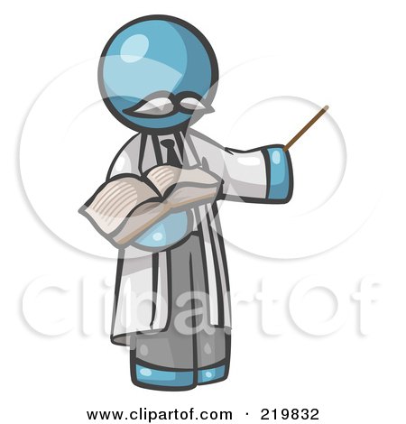 Royalty-Free (RF) Clipart Illustration of a Denim Blue Man Professor Holding A Pointer Stick And An Open Book by Leo Blanchette