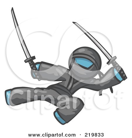 Royalty-Free (RF) Clipart Illustration of a Denim Blue Man Ninja Kicking And Jumping With Swords by Leo Blanchette