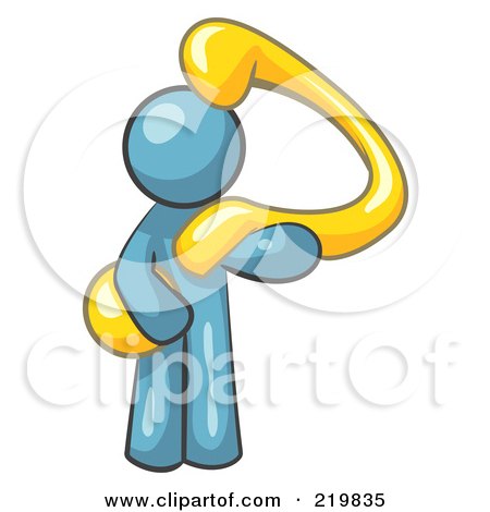 Royalty-Free (RF) Clipart Illustration of a Denim Blue Man Carrying A Large Yellow Question Mark Over His Shoulder, Symbolizing Curiosity, Uncertainty Or Confusion  by Leo Blanchette