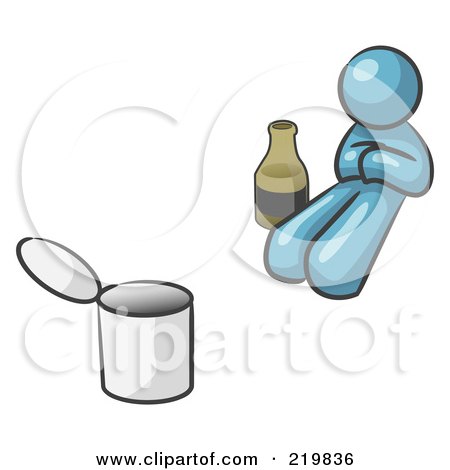 Royalty-Free (RF) Clipart Illustration of a Denim Blue Design Mascot Man Bum With Alcohol And A Can by Leo Blanchette
