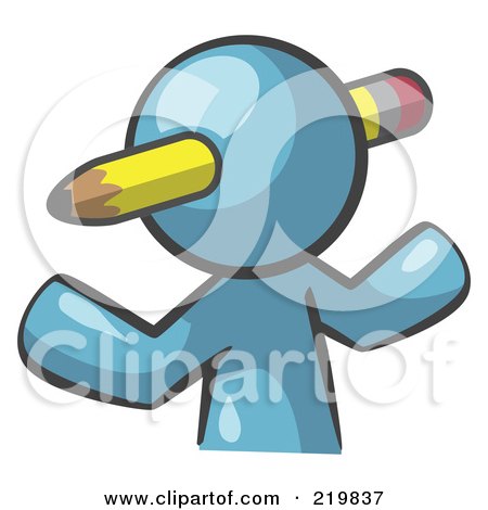 Royalty-Free (RF) Clipart Illustration of a Denim Blue Man Avatar Writer With A Pencil Through His Head by Leo Blanchette