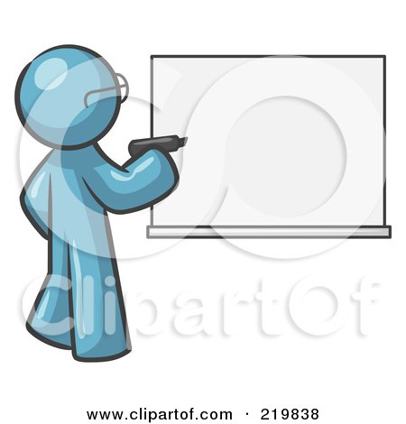 Royalty-Free (RF) Clipart Illustration of a Denim Blue Design Mascot Man Writing On A White Board by Leo Blanchette