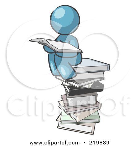Royalty-Free (RF) Clipart Illustration of a Denim Blue Design Mascot Man Reading On A Stack Of Books by Leo Blanchette