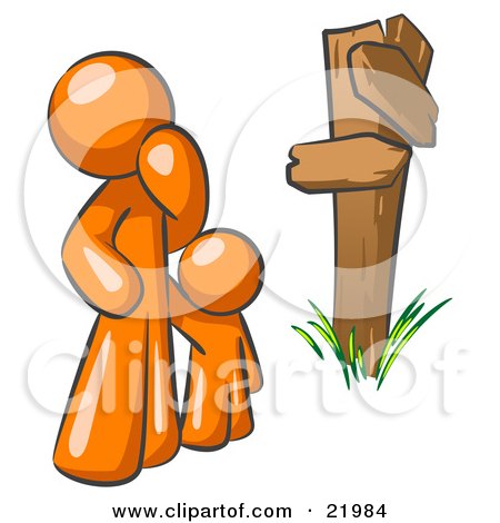 Clipart Picture Illustration of an Uncertain Orange Man And Child Standing At A Wooden Post, Trying To Decide Which Direction To Go At A Crossroads by Leo Blanchette