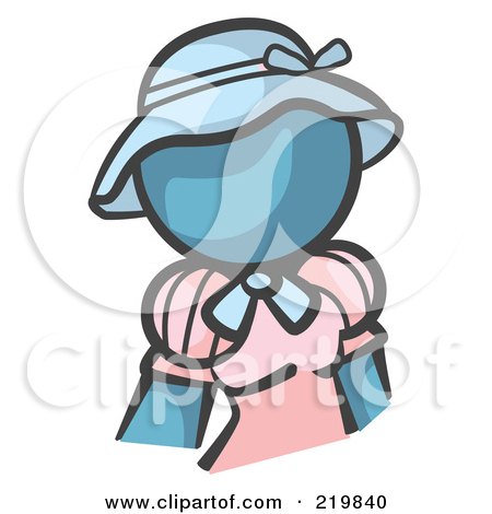 Royalty-Free (RF) Clipart Illustration of a Denim Blue Woman Avatar In A Pink Dress And Blue Hat by Leo Blanchette