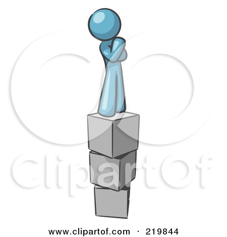 Royalty-Free (RF) Clipart Illustration of a Denim Blue Design Mascot Man Thinking And Standing On Blocks by Leo Blanchette