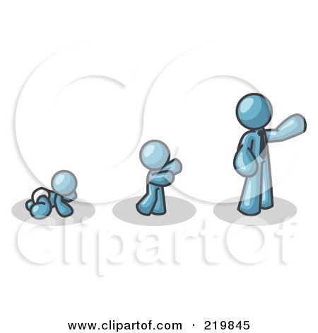 Royalty-Free (RF) Clipart Illustration of a Denim Blue Man in His Growth Stages of Life, as a Baby, Child and Adult by Leo Blanchette