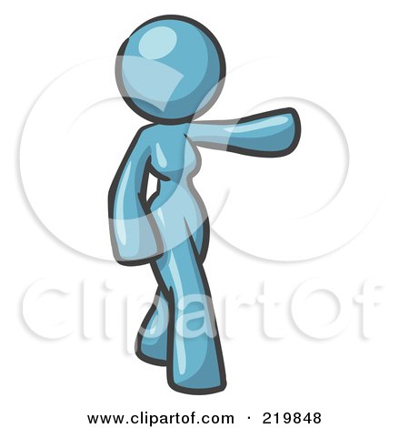 Royalty-Free (RF) Clipart Illustration of a Denim Blue Design Mascot Woman Presenting by Leo Blanchette