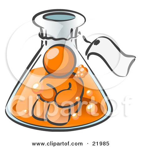 Clipart Picture Illustration of an Orange Man Trapped Inside A Bubbly Potion In A Laboratory Beaker With A Tag Around The Bottle by Leo Blanchette