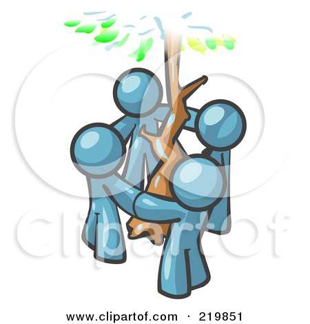 Royalty-Free (RF) Clipart Illustration of a Group of 4 Denim Blue Men Standing in a Circle Around a Tree by Leo Blanchette