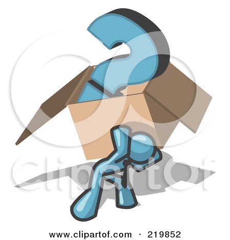 Royalty-Free (RF) Clipart Illustration of a Denim Blue Man Carrying a Heavy Question Mark in a Box by Leo Blanchette