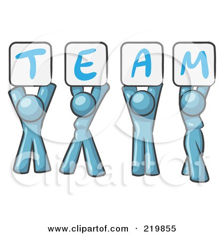 Royalty-Free (RF) Clipart Illustration of a Denim Blue Design Mascot Group Holding Up Team Signs by Leo Blanchette