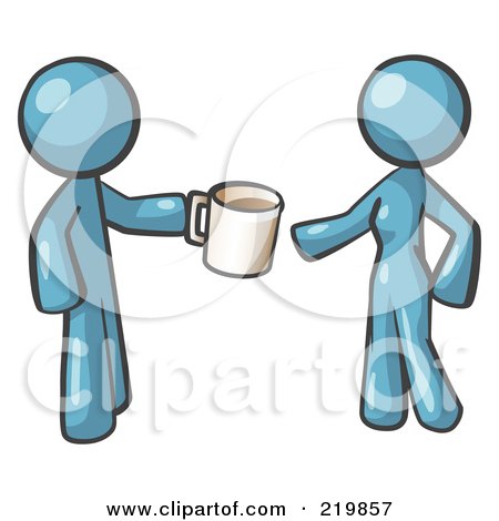Royalty-Free (RF) Clipart Illustration of a Denim Blue Man Giving A Woman A Cup Of Coffee by Leo Blanchette