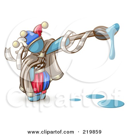 Royalty-Free (RF) Clipart Illustration of a Denim Blue Man Design Mascot Jester With A Dripping Paintbrush by Leo Blanchette
