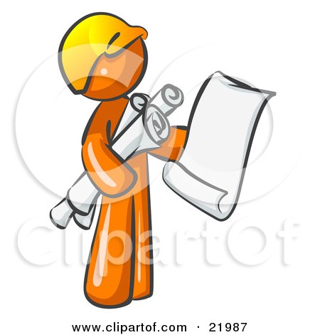 Clipart Picture Illustration of an Orange Man Contractor Or Architect Holding Rolled Blueprints And Designs And Wearing A Hardhat by Leo Blanchette