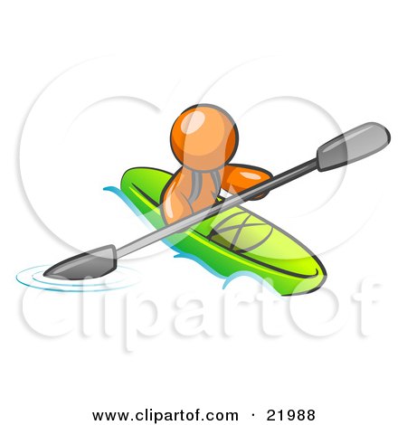 Clipart Picture Illustration of an Orange Man Paddling Down A River In A Green Kayak by Leo Blanchette