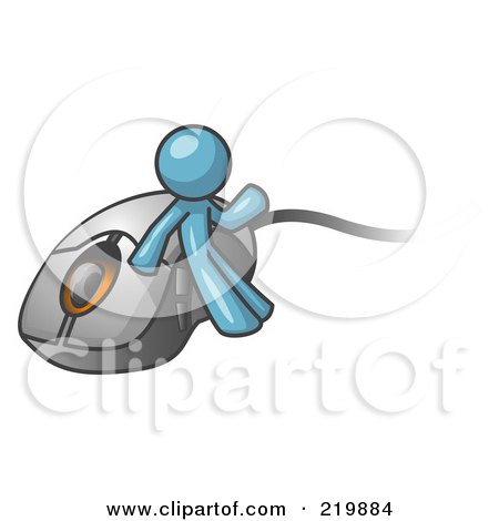 Royalty-Free (RF) Clipart Illustration of a Denim Blue Man Leaning Against a Computer Mouse by Leo Blanchette