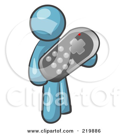 Royalty-Free (RF) Clipart Illustration of a Denim Blue Man Holding A Remote Control To A Television by Leo Blanchette