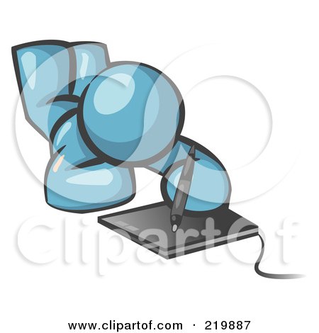 Royalty-Free (RF) Clipart Illustration of a Denim Blue Design Mascot Laying On His Belly And Drawing On A Tablet by Leo Blanchette
