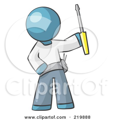 Royalty-Free (RF) Clipart Illustration of a Denim Blue Man Electrician Holding A Screwdriver by Leo Blanchette